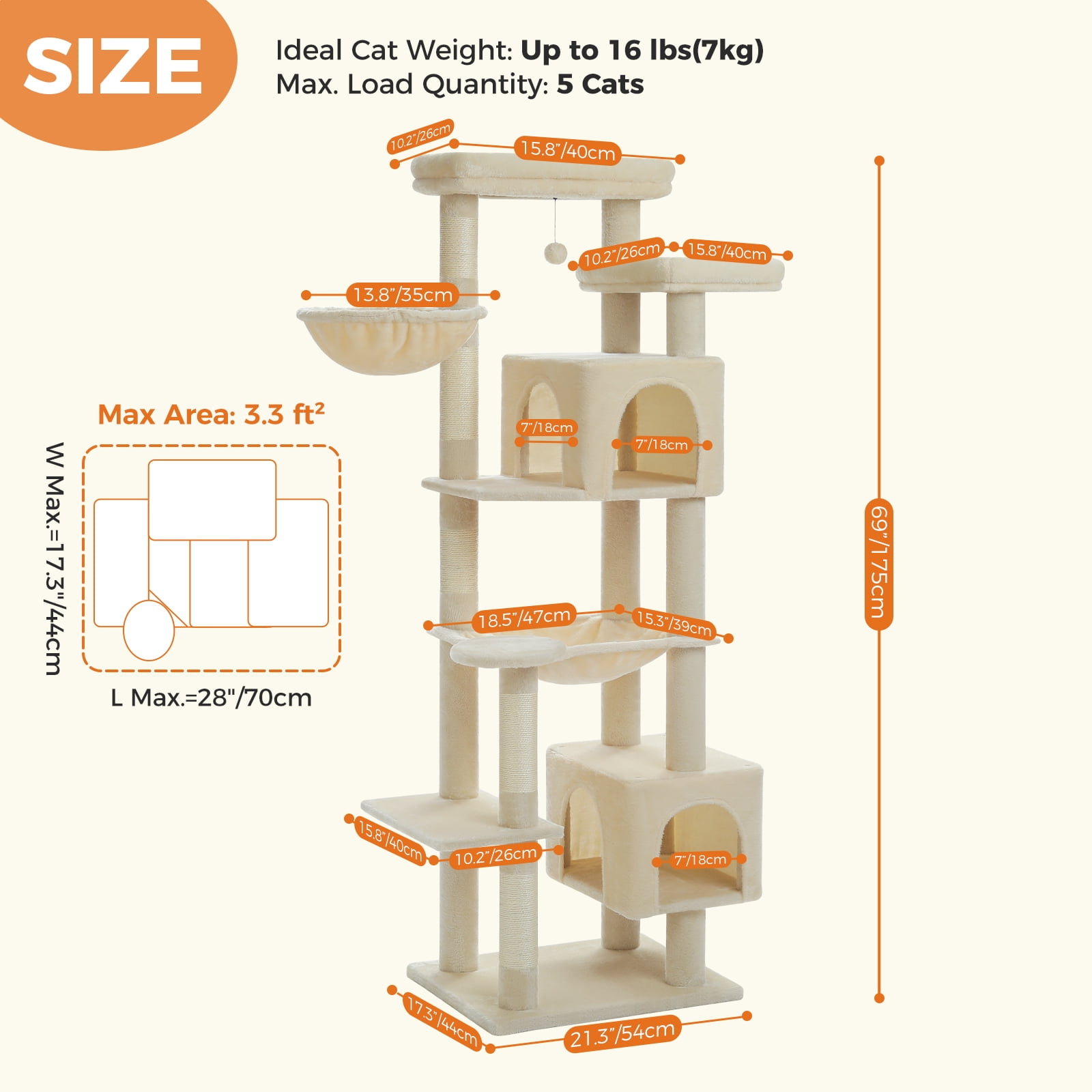 Pefilos 69" Tall Cat Tree for Indoor Large Cats with Hammock, Cat Climbing Tree Tower with Scratching Posts, Condo House and Top Perch, Beige