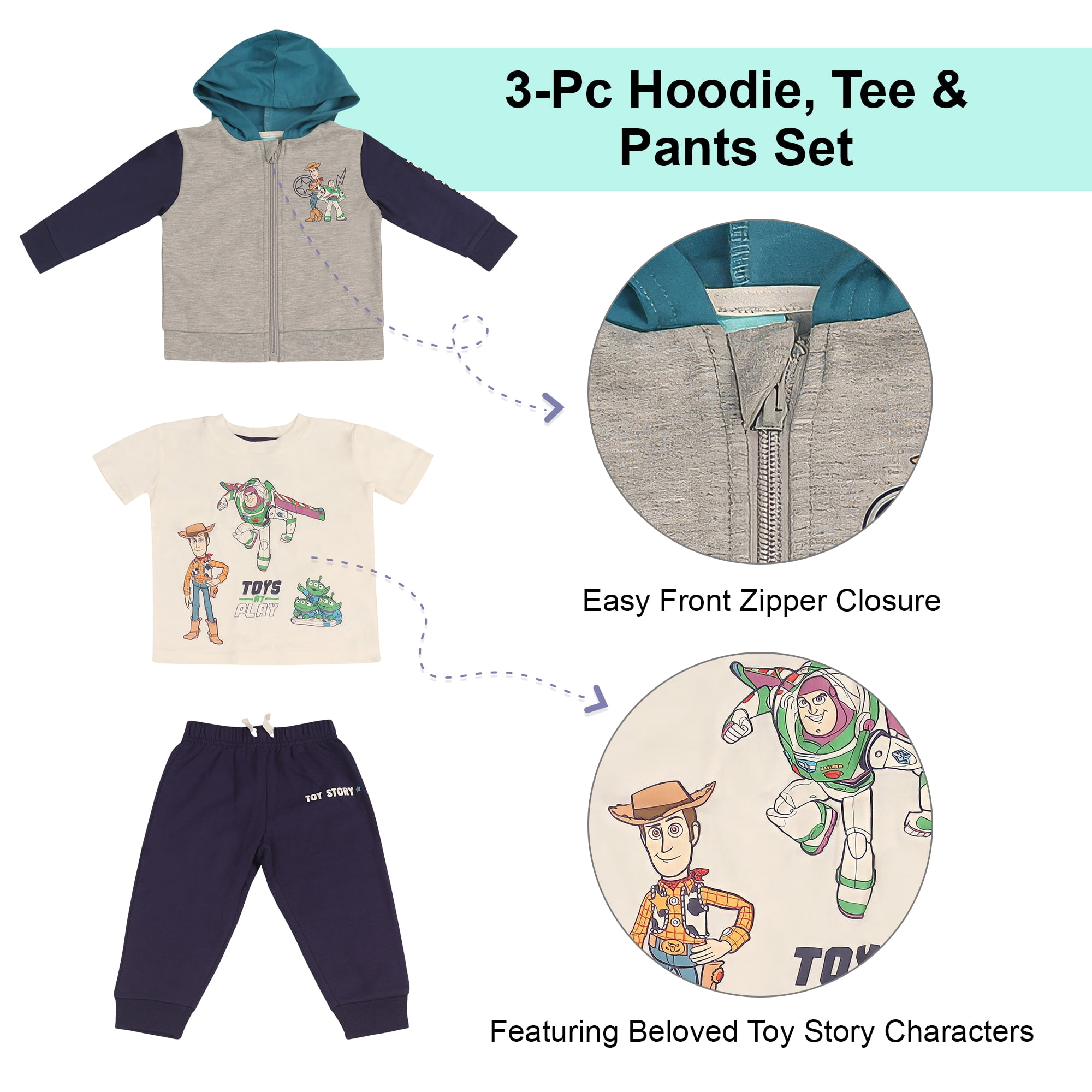 Disney Clothes Baby Boy Hoodie & Pants Set – Toy Story & Cars 3-Piece Outfit with T-Shirt, Zip-Up Hoodie & Joggers (12M–24M)