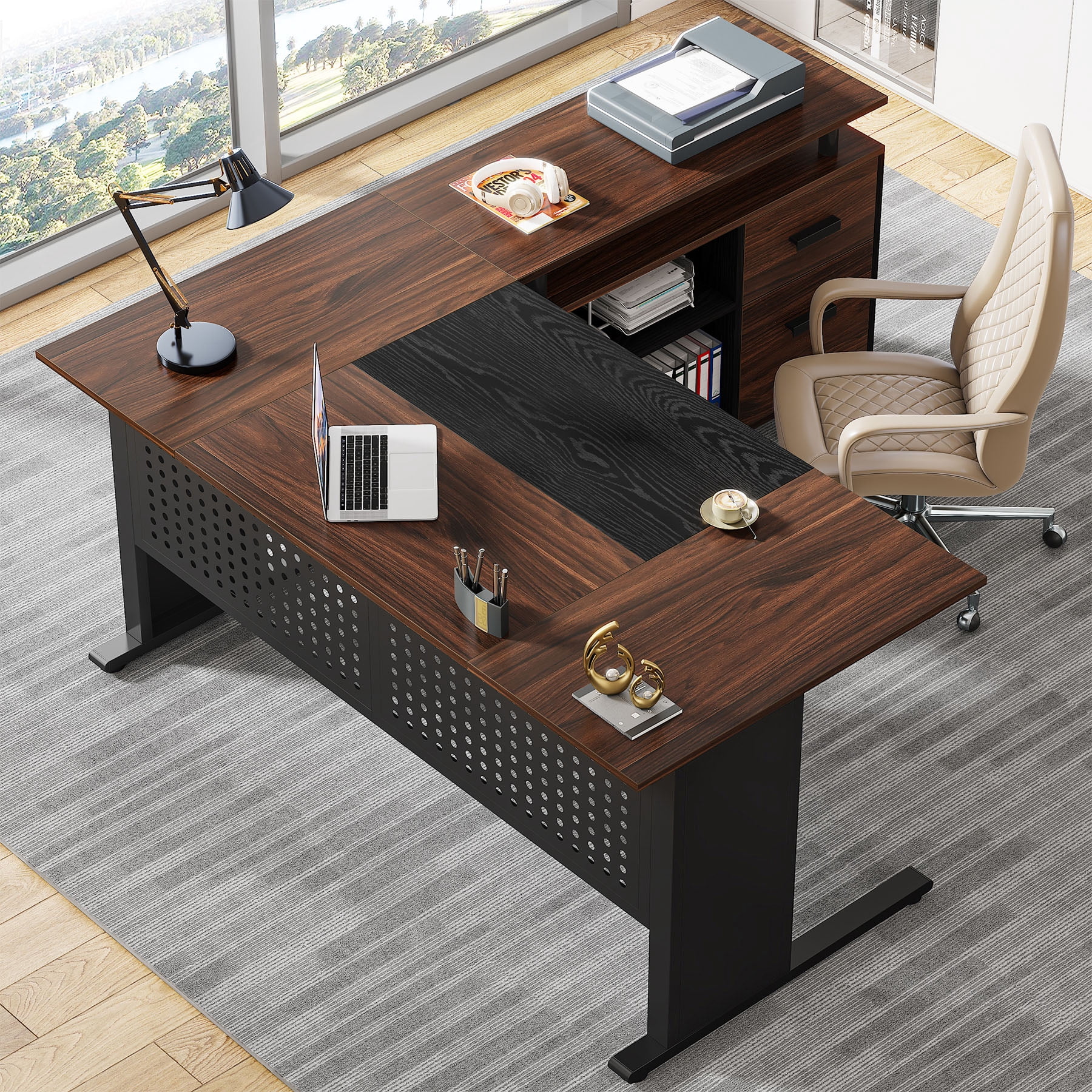 63 Inch Executive Desk with File Cabinet, Large L Shaped Office Desk, Dark Walnut and Black