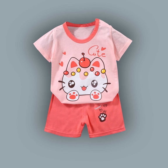 Amidoa Girls 2 Piece Outfits Summer Clothes T Shirt Cotton Graphic Short Sleeve and Casual Short Kids Clothing Sets Pink Size 4T