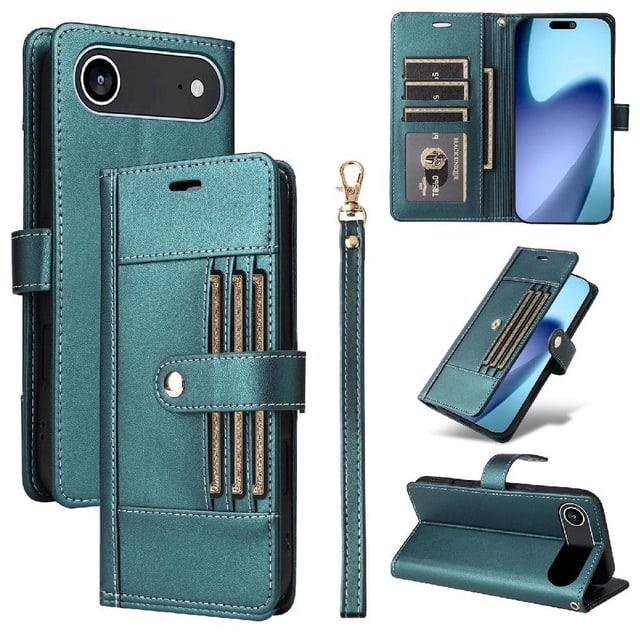 FOXDOCK Funda tipo Cartera para iPhone 17 Air – Cubierta de Cuero PU con Múltiples Ranuras, Bolsillo para Efectivo y Correa de Muñeca
