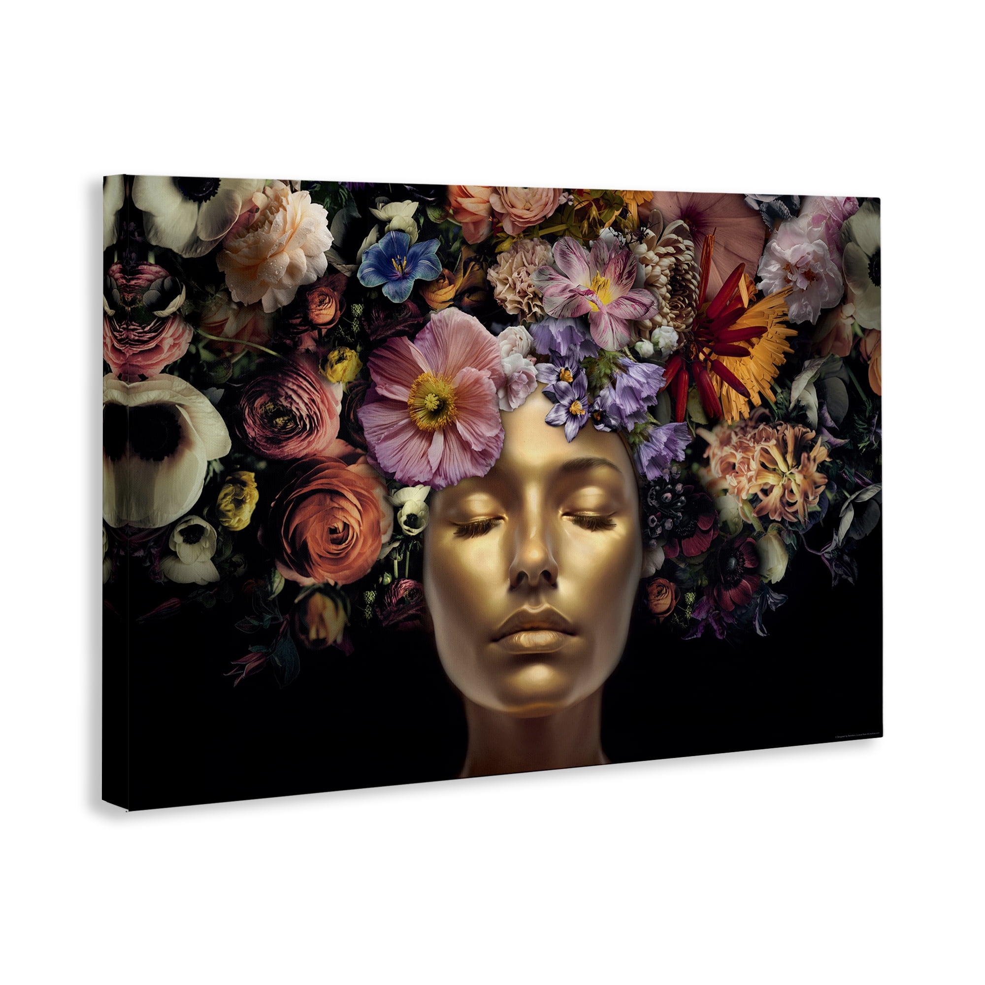 Stupell Industries Gold Face with Flowers Plants & Flowers Painting Wrapped Canvas Art Print Wall Art, 30 x 20