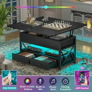 40 Lift Top Coffee Table, 4 in 1 Coffee Tables with Storage for Living Room, Small Farmhouse Coffee Table with 2 Drawers & LED Light for Dining Reception Room, Black