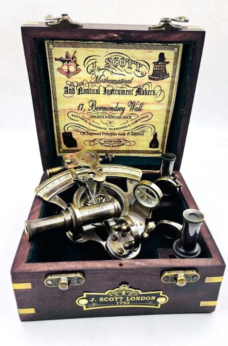 Brass Sextant Compass with Wooden Box Solid Nautical Sailing Maritime Marine Navy Functional Gift Decoration Christmas Present