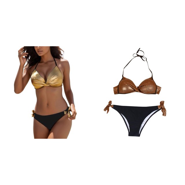 2 Pack(Gold 1PCS & Brown 1PCS) Multipack Sequined Brazilian Swimsuit Bikini Beach Up Swimwear Push Patchwork Set Women Swimwears Tankinis Set