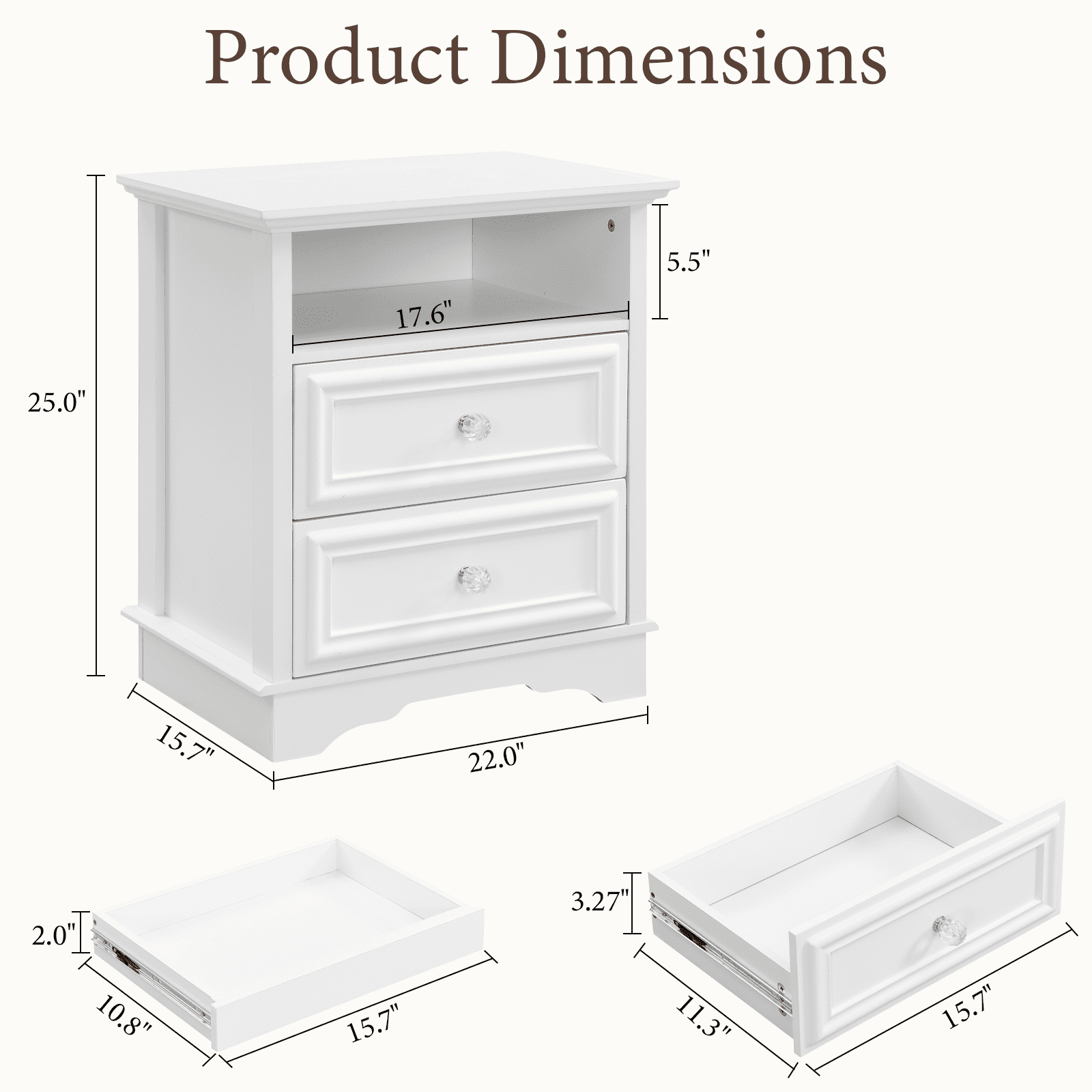 Brafabhome Set of 2 Nightstands with 2 Drawers, Mid-Century Bedside Table with Open Storage Shelf and Hidden Drawer for Bedroom Living Room | White