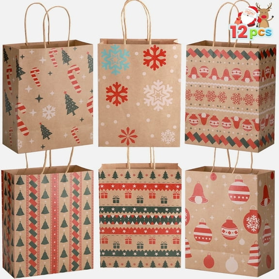 Ayieyill 12pcs Christmas Kraft Gift Bags with Handle, Christmas Paper Gift Treat Bags Bulk, Goodie Bags for Holiday Decor