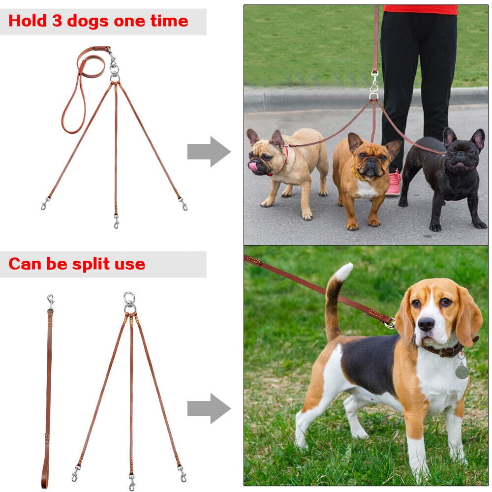 Pet Artist Genuine Leather Triple Dog Leash Couple 3 Way Pet Walking Leashes Brown for 3 Dogs