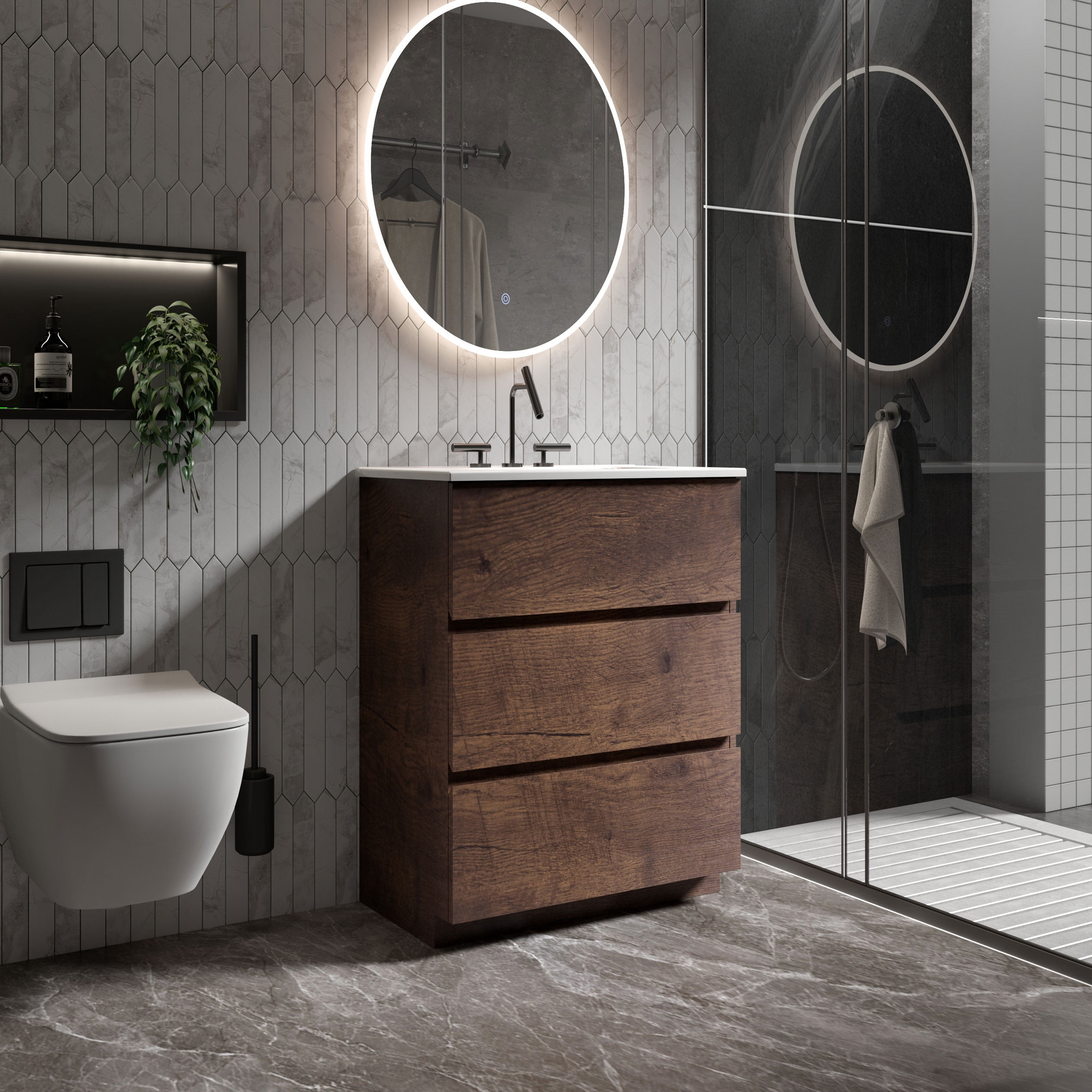 CITTANEO 24" Bathroom Vanity with Ceramic Sink, Contemporary Bathroom Cabinet with 3 Drawers, Walnut
