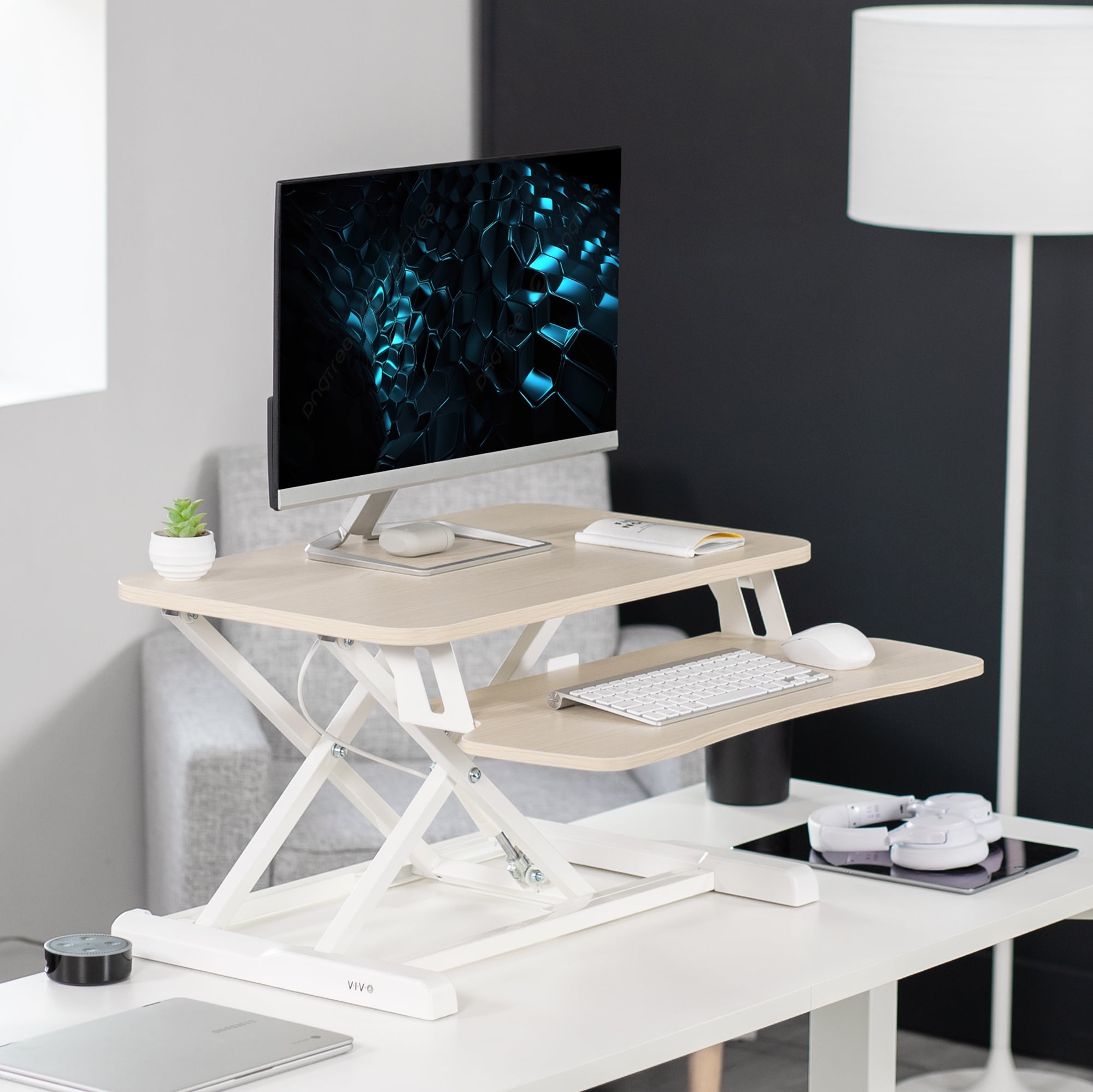VIVO Light Wood 26" Height Adjustable Standing Desk Monitor Riser, White Frame