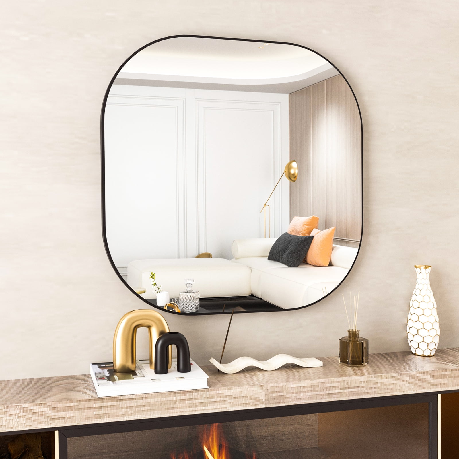 BEAUTYPEAK 30" Square Bathroom Mirror Wall Mirror Rounded Corner Vanity Mirror, Black
