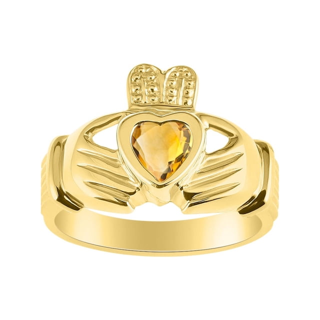 RYLOS Rings Gold Plated Silver Claddah Love, Loyalty & Friendship Heart 6MM Gem Irish Wedding Band Claddagh Rings November Citrine Jewelry Size 8
