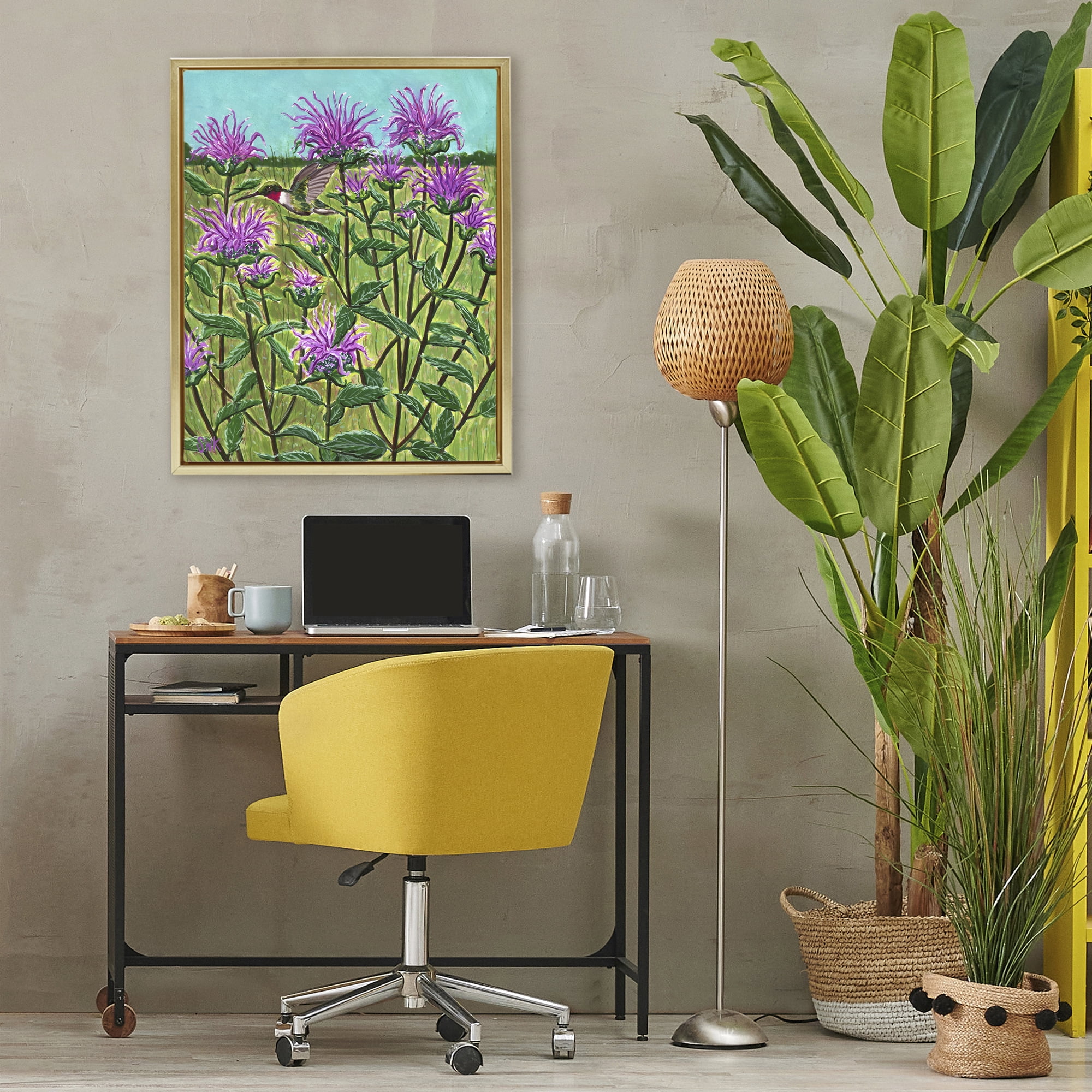 Stupell Industries Ruby Throated Hummingbird & Beebalm Gold Framed Floater Canvas Wall Art, design by Sarah Waldron Kimball