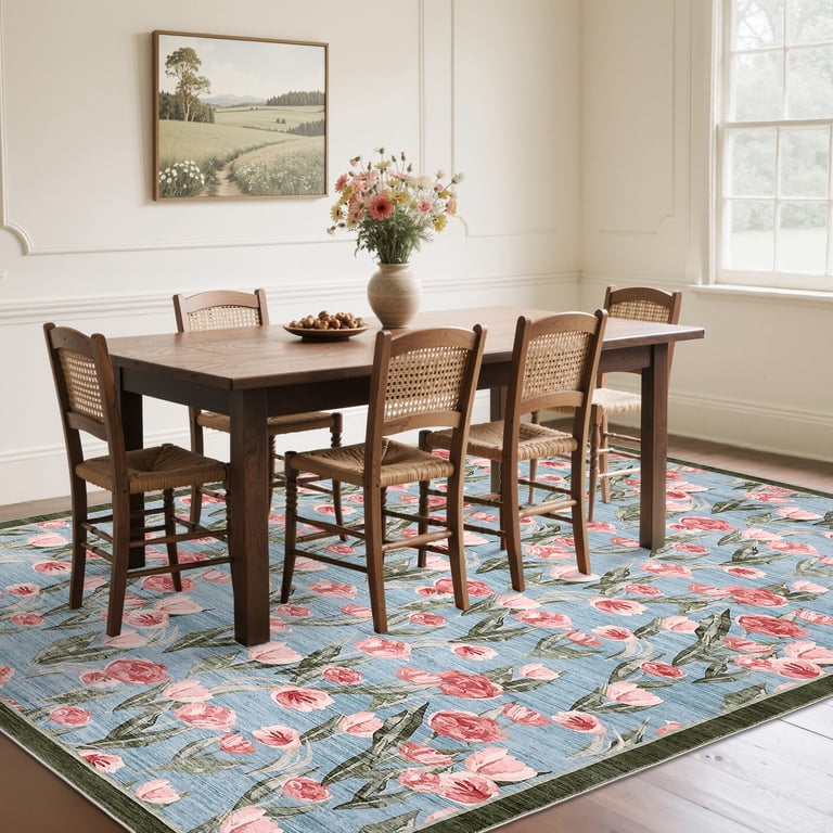 USA RUG / チューリップ柄 HIWEAVER Gray Pink 9' x 12' Washable Floral Tulip Bordered Area