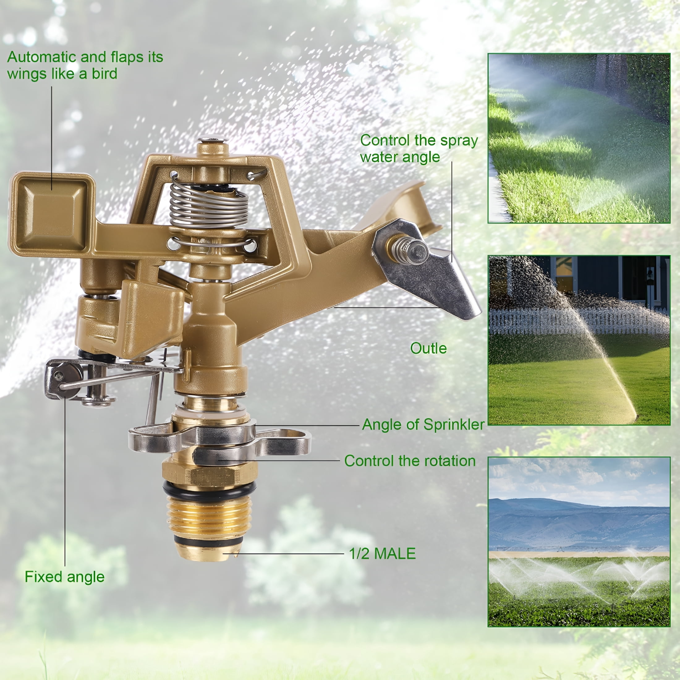 CURYMAY 1/2 Inch Impact Sprinkler 2 Pack, Heavy Duty Zinc Alloy Lawn Sprinkler Head with Nozzle, Adjustable 20-360 Degree Large Coverage Pattern, Watering Sprinkler for Grass Patio Garden Irrigation
