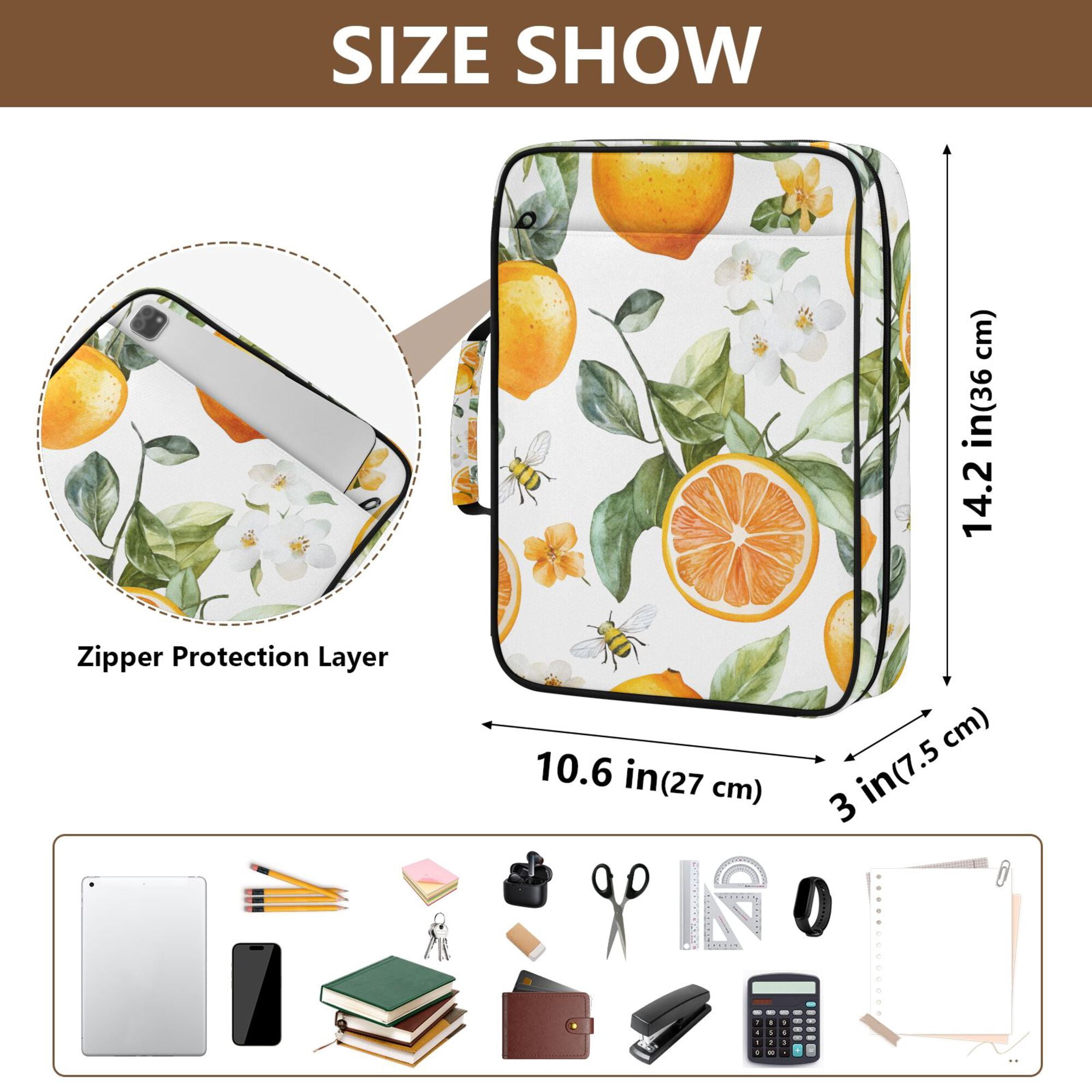 FORMRS Accordion File Folder A4 Size 7-Pocket Expanding Document Organizer Bag with 3 Ring Binder, Orange Watercolor Bees