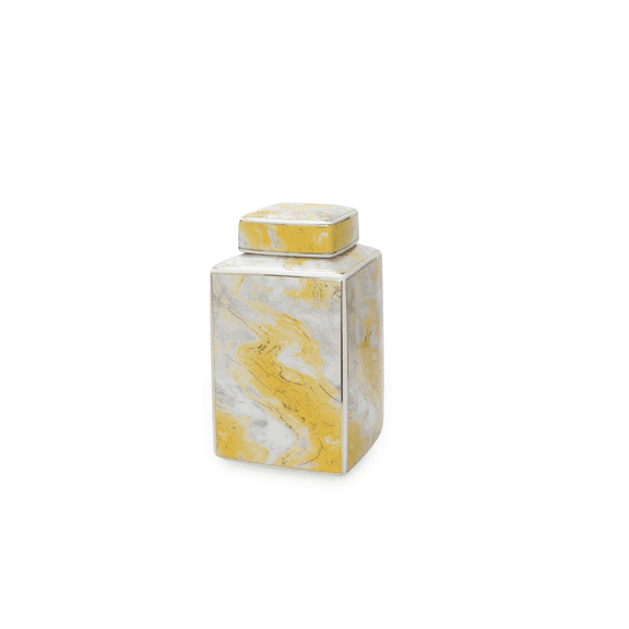 Beloved Square Ceramic Jar with Gold and Gray Marble Design