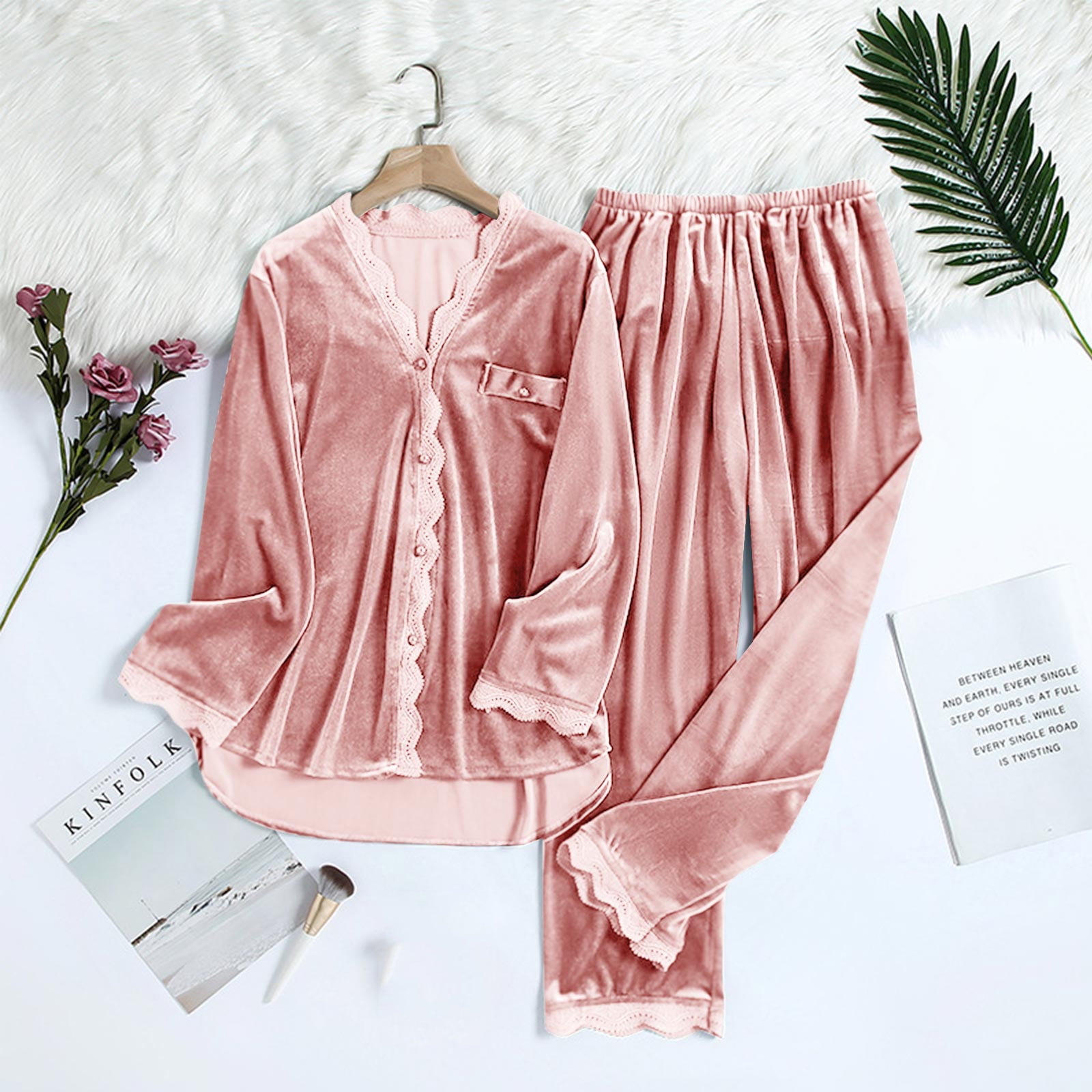 Besolor Soft Pajamas Sets Velvet Pjs Set for Women Velour Long Sleeve Button down Lace Trim Shirts and Pants Sleepwear