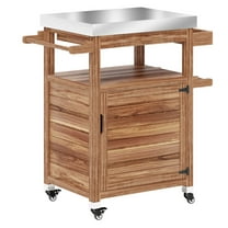 Outdoor Grill Cart with Stainless Steel Top, Solid Wood Kitchen Island with Wheels - Brown Prep Station