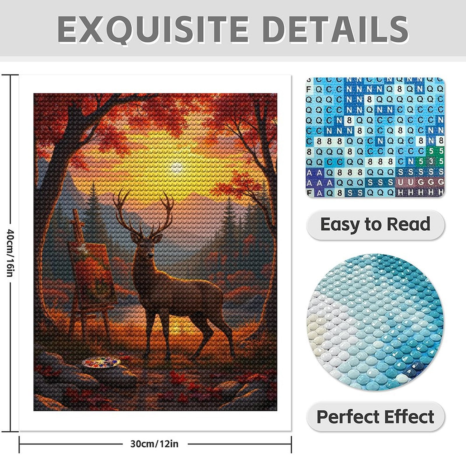 Diamond Art Kit for Adults, Deer Canvas Autumn Sunset Landscape Diamond Painting for Adults Beginners, 5D DIY Diamond Art Painting Kits, Colorful Diamond Painting Craft for Home Decor 12x16