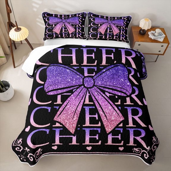 Erosebridal Fashion Bowknot Girls Twin Quilt Set, Purple Pink Cheerleader Twin Coverlet Set, 2 Pieces