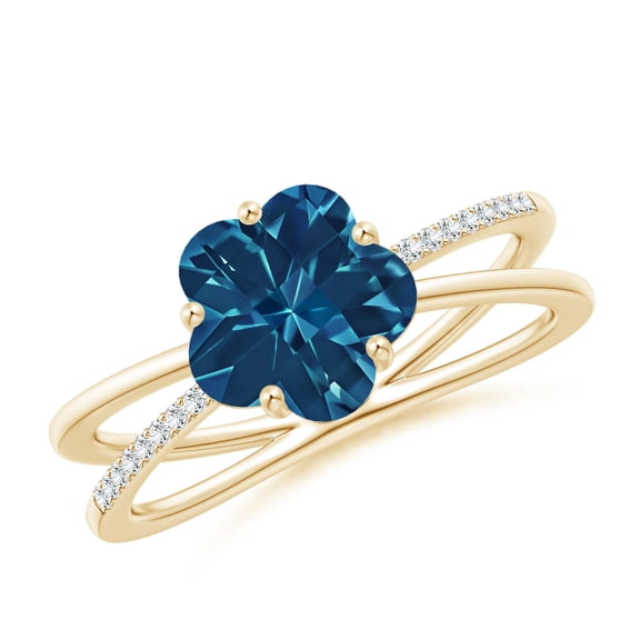 ANGARA Natural 5-Petal Flower 1.9 ct London Blue Topaz Criss-Cross Ring in 14K Yellow Gold for Women (Size-8mm) | Anniversary, Jewelry Gift for Women | Natural London Blue Topaz Ring