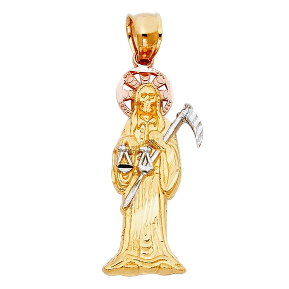 14k Yellow Gold White Gold and Rose Gold Santa Muerte Pendant Necklace 10x35mm Pendant for Women