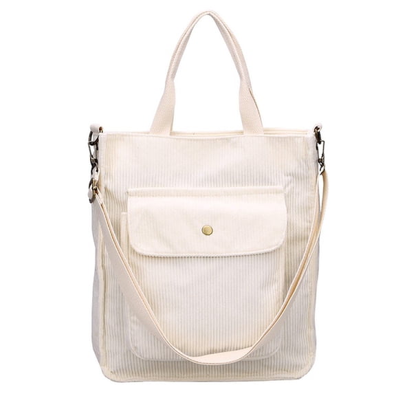Yvsxxv White Large Corduroy Shoulder Bag, Vintage Casual Zippered Tote with Outside Pocket, 12.6*11.02*3.15inch