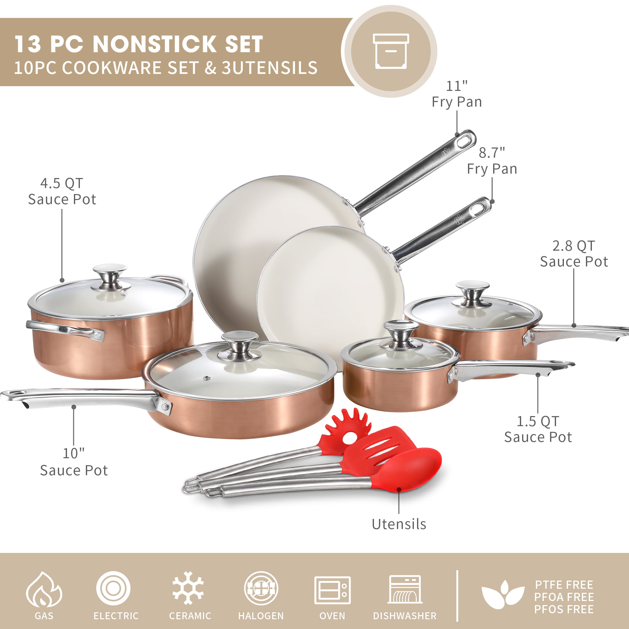 NEWARE 13 Piece ROSE Gold STAINLESS STEEL Cookware SET 
