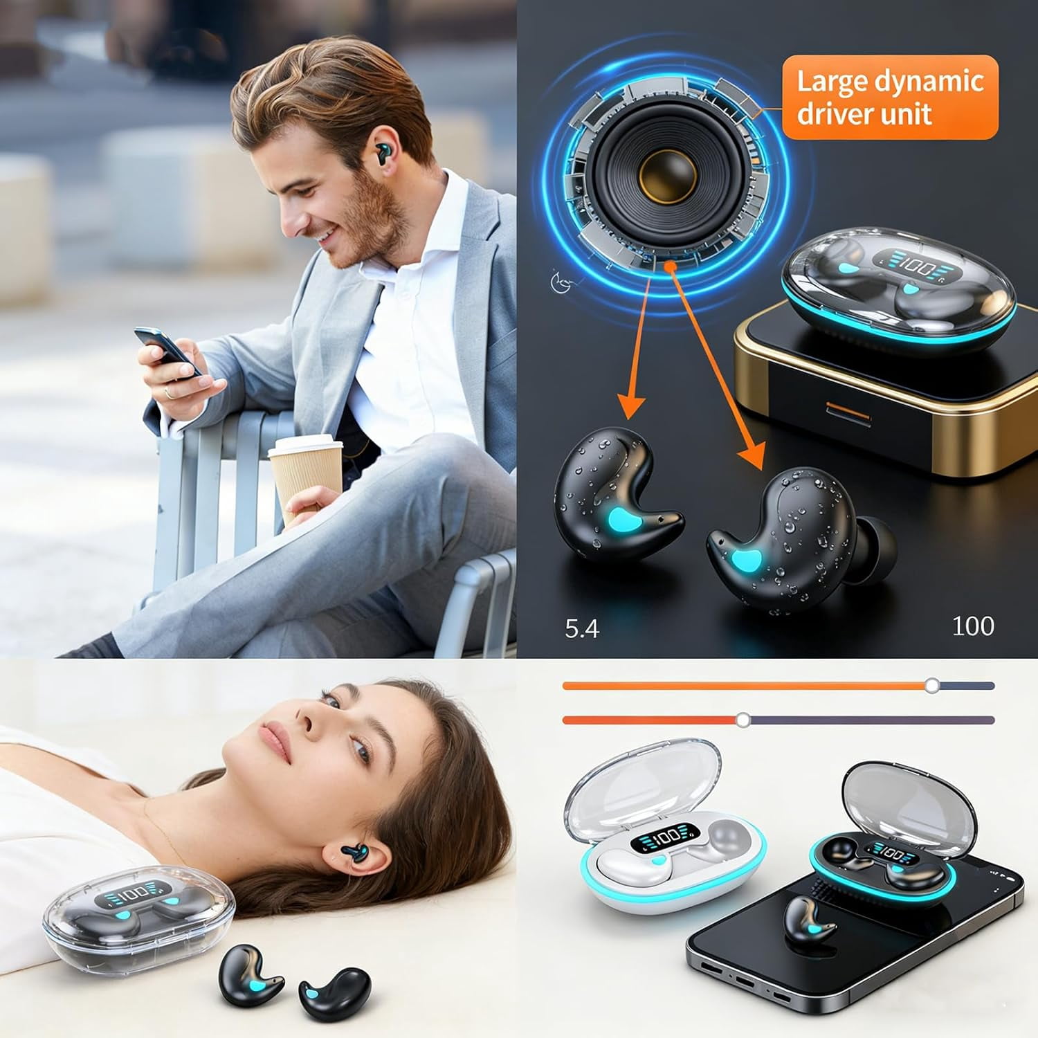 Sleep Bluetooth Earbuds, Sleep Earbuds for Side Sleepers, Noise Cancelling Earbuds for Sleep, Micro Sleep Earbuds, Sleep Earbuds Wireless Bluetooth,Bluetooth 5.4,LED Display (A,1PC)