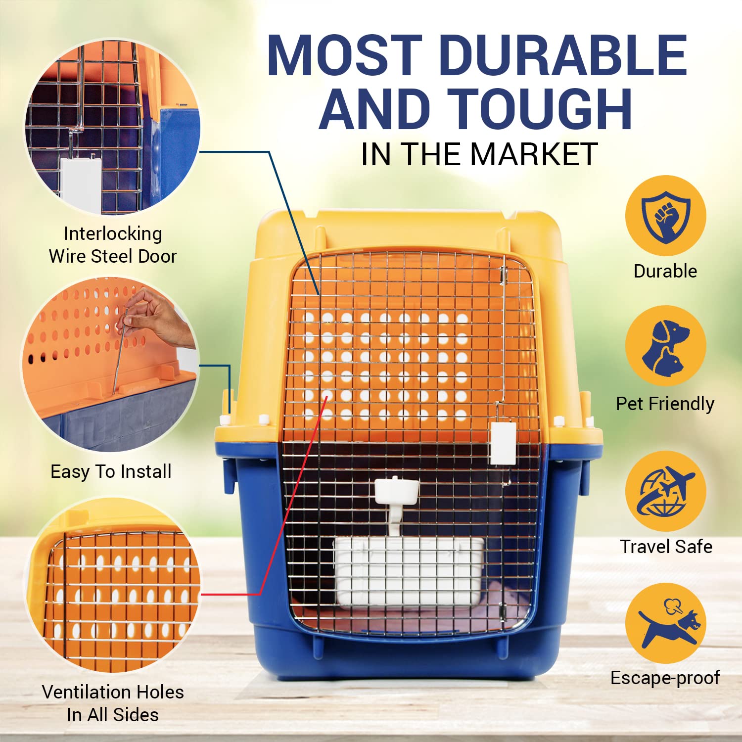 Pet Crate for Large Dogs and Cats, Heavy Duty Airline Approved Travel Kennel, Durable Metal Door Dog Cage Indoor Outdoor Use, Includes Mat and Bowl, Yellow and Blue