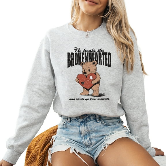 He Heals The Brokenhearted Christian Sweatshirt Funny Women Cute Casual Long Sleeve Graphic Shirt Pullover Top