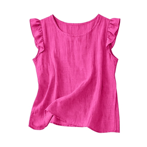 IUYRTFE Women's Ruffle Sleeve Round Neck Tank Top 100% Cotton Linen Loose Fit Summer Casual Blouse