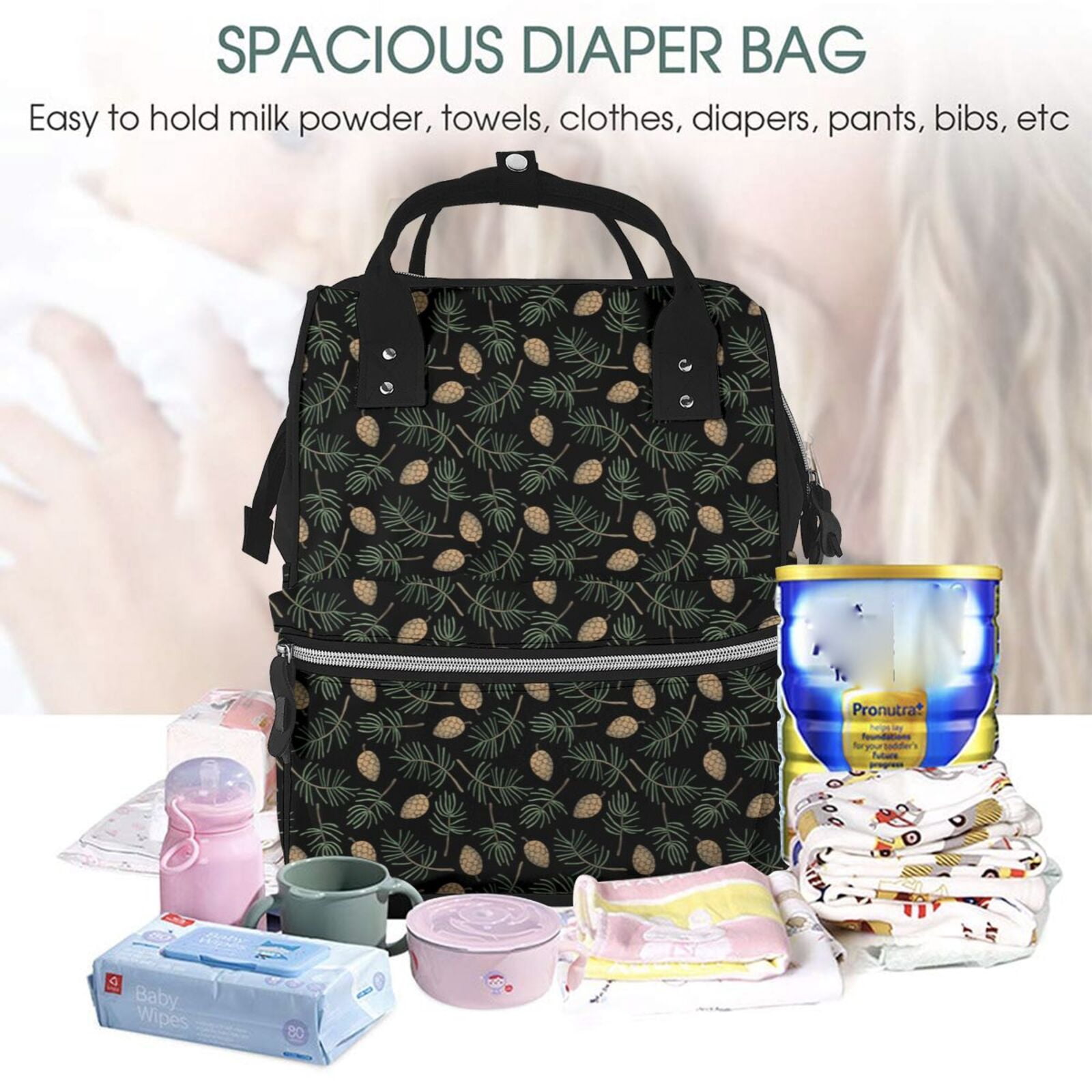 Ratiio Pine Cone Woodland Pattern Mummy Backpack - Waterproof Twill Canvas, Large Capacity Diaper Bag with Multiple Pockets and Adjustable Straps