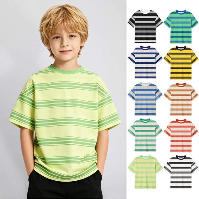 WENXIAOO Chemise à Manches Courtes Rayée pour Garçons, Col Rond Décontracté, Haut Basique d'Été, Taille 3T-13Y