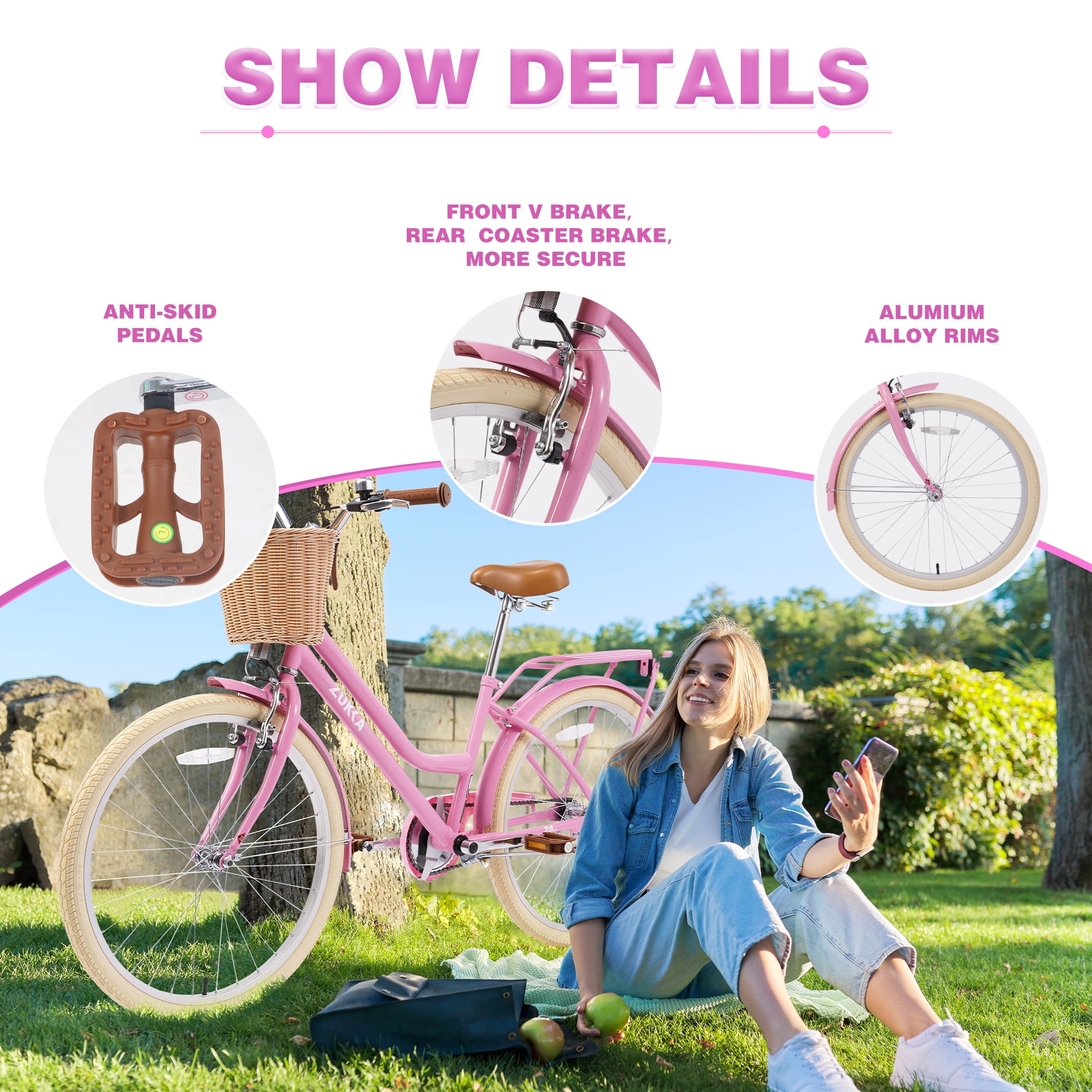 Aukfa 24" Girls Bike with Basket, Cruiser Bike Children's Bicycle for 10+ Years Old Kids, Light Pink