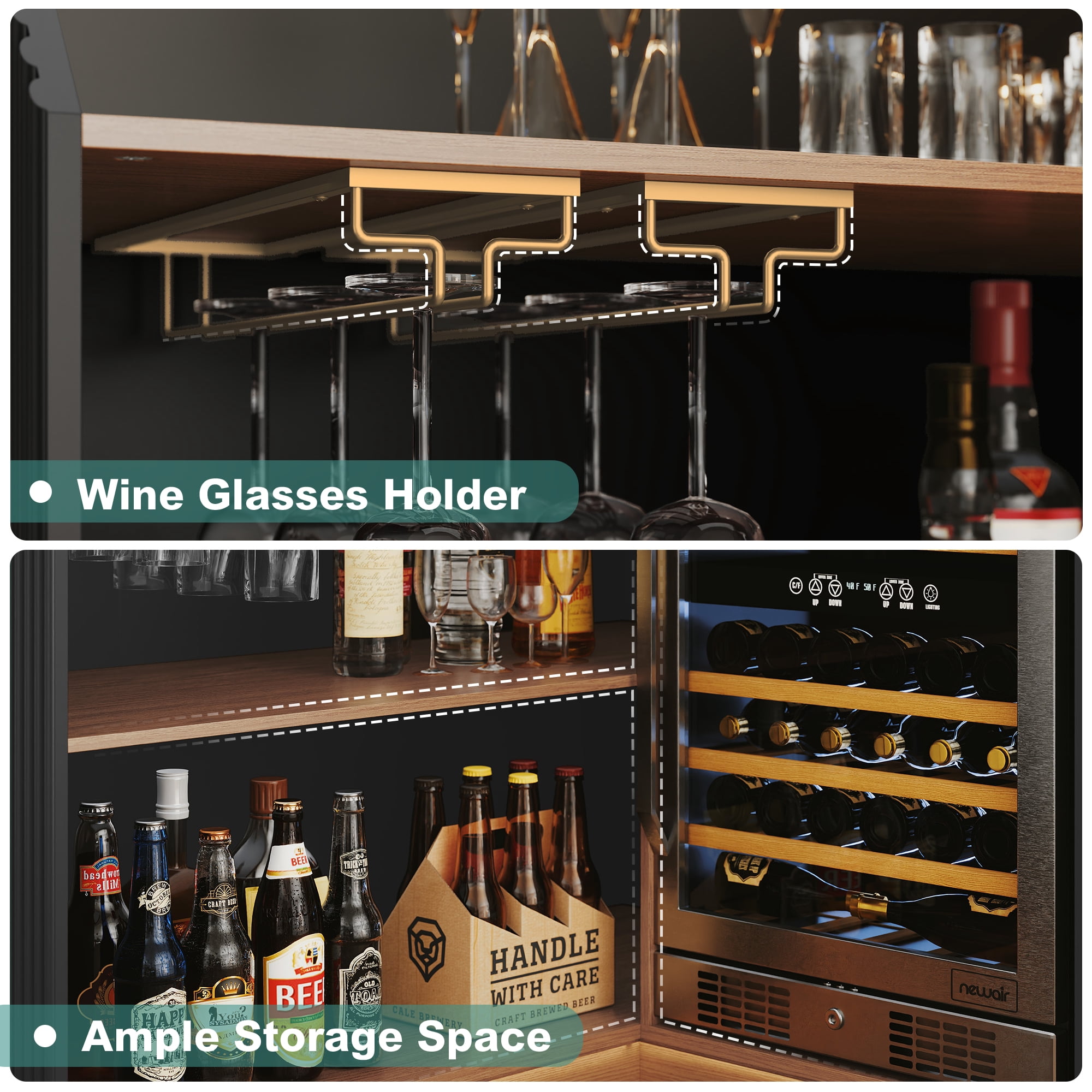 HLR L-Shaped Home Bar Cabinet with Fridge Space, 4-Tier Corner Bar Unit Wine Cabinet with Storage, Black