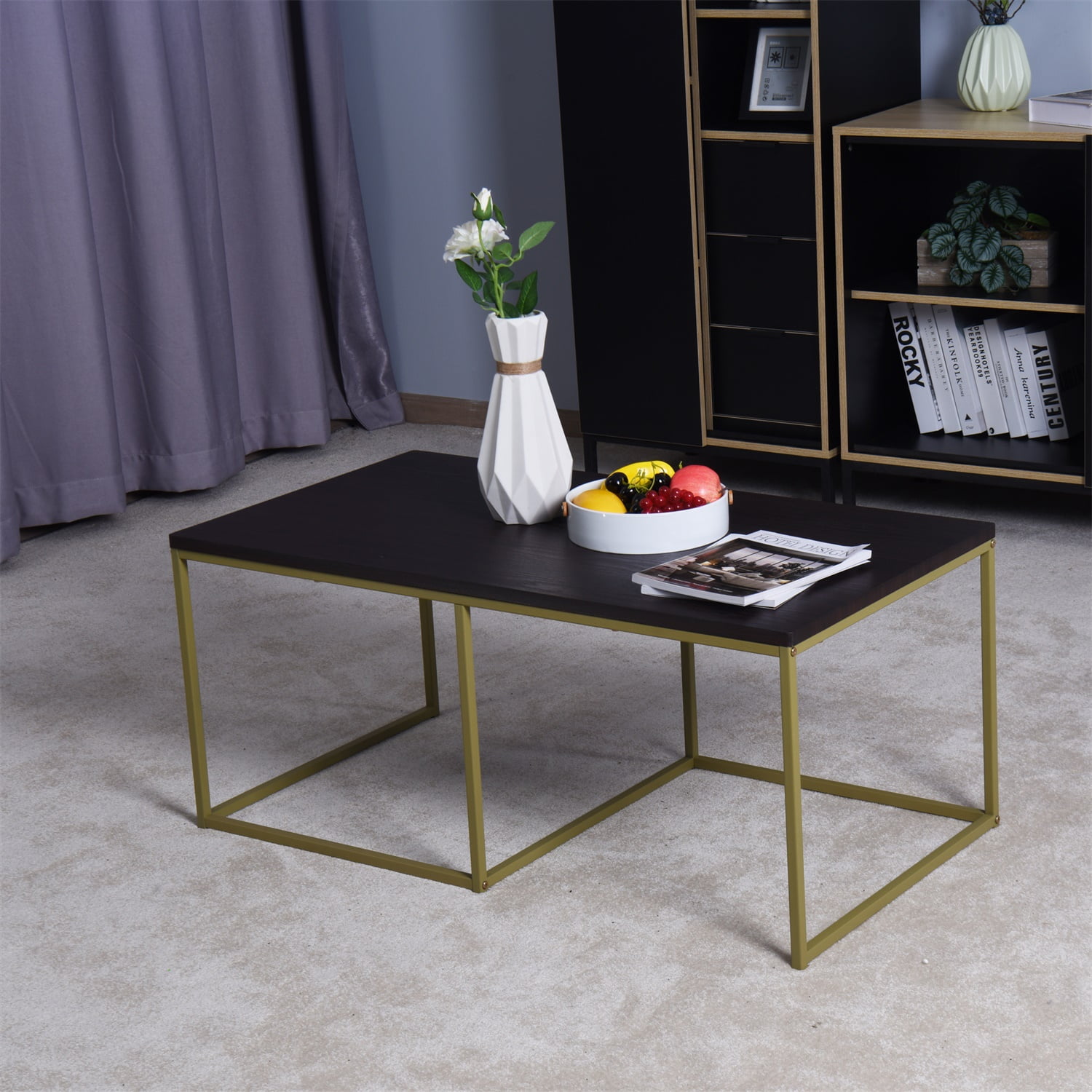 Living Room White Nesting Table, Coffee Table with Wooden MarbleTop, Metal Legs, Black Living Room White Nesting Table, Coffee Table with Wooden MarbleTop, Metal Legs, Black