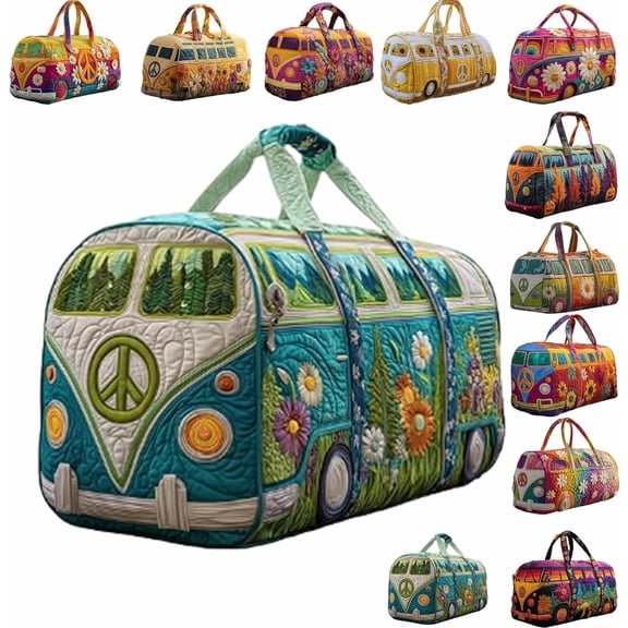 Quilted Hippie Van Duffle Bag with Adjustable Padded Strap - Large Capacity Bohemian Travel Weekender Bag for Gym, Yoga, Festival, and Overnight Trips, Artistic Patchwork Carryall Tote Made