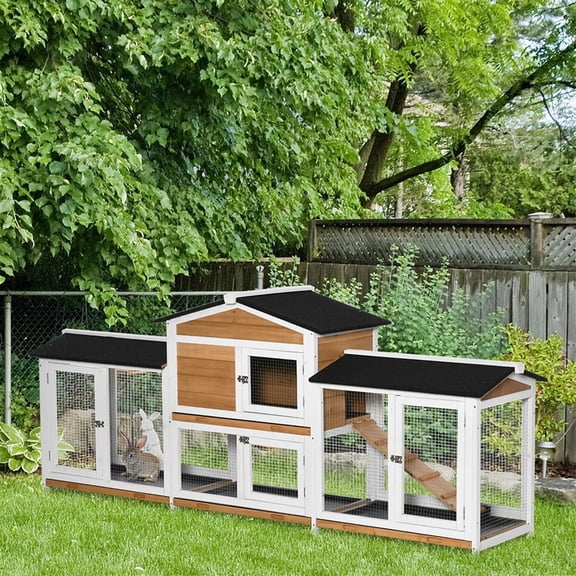 Demi Bonn 90" Wooden Rabbit Hutch with Double Side Run Boxes, Outdoor Small Animal Habitat Chicken Coop Bunny Cage for Bunnies, Guinea Pigs, Brown