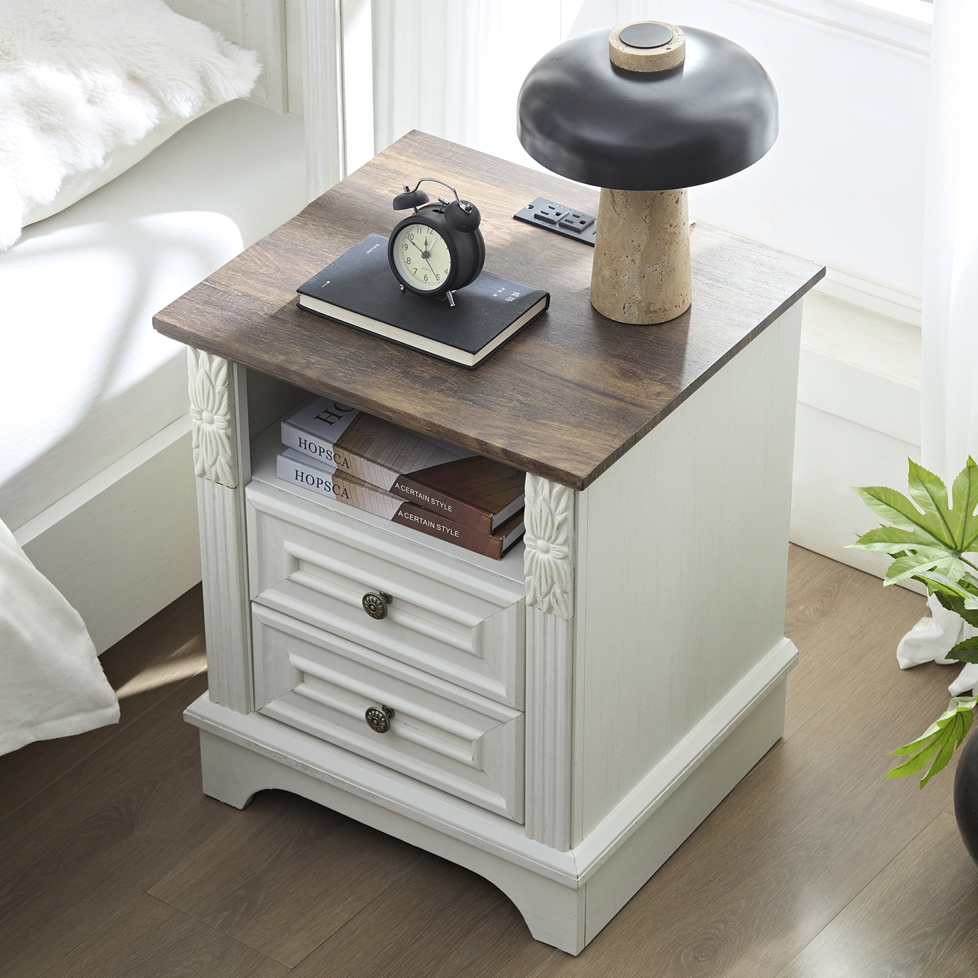 BOSHIRO Farmhouse Side Table with Charging Station, 2 Drawer Nightstand for Bedroom, Carved Design, Antique White