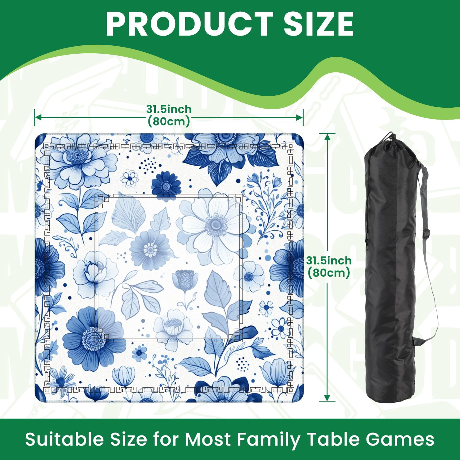 Mahjong Mat 31.5" x 31.5" Blue Floral Detailed Flowers Leaves Hand Drawn Style Non-Slip Noise Reduction American Mahjong Tiles Table Cover for Dominoes Poker Card Board Games Gift