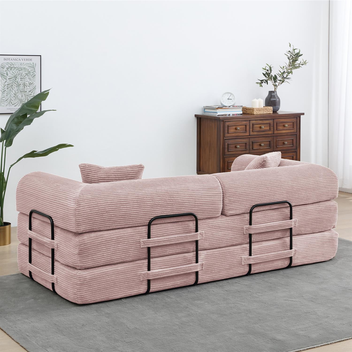 Demi Bonn 77" Convertible Sleeper Sofa Bed, Corduroy Foldable Mattress Couch with Cylindrical Pillow & Fixed Frame for Living Room, Bedroom, Pink