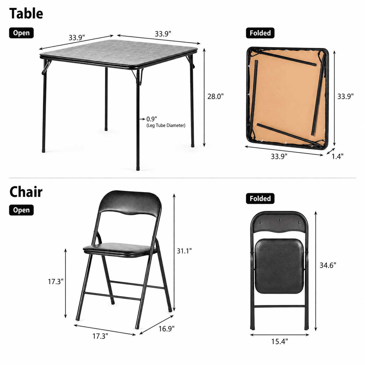 Homy Casa 3-Piece Folding Table Set with 2 Chairs, Square Space-Saving Table Set, Black