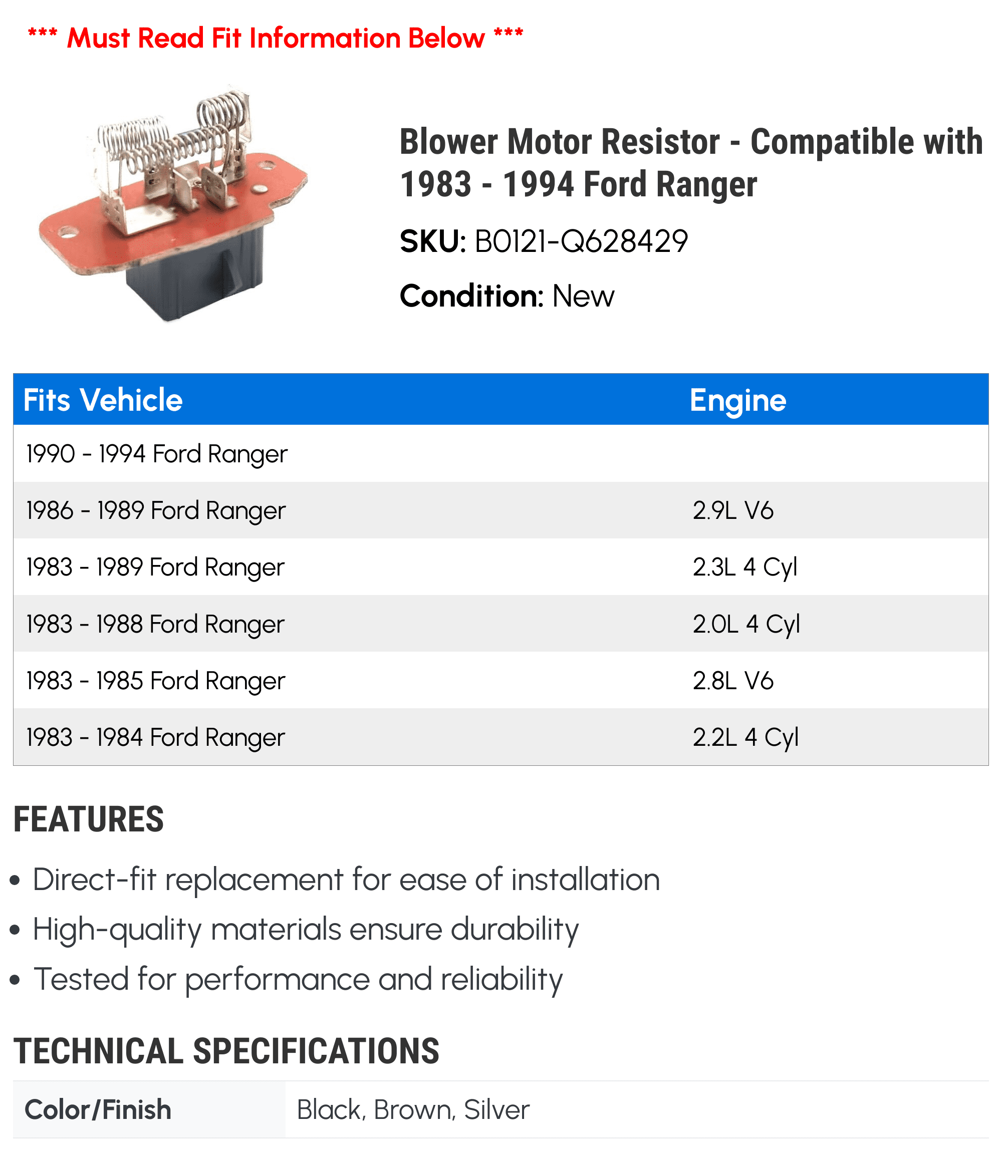 Blower Motor Resistor - Compatible with 1983 - 1994 Ford Ranger 1984 1985 1986 1987 1988 1989 1990 1991 1992 1993