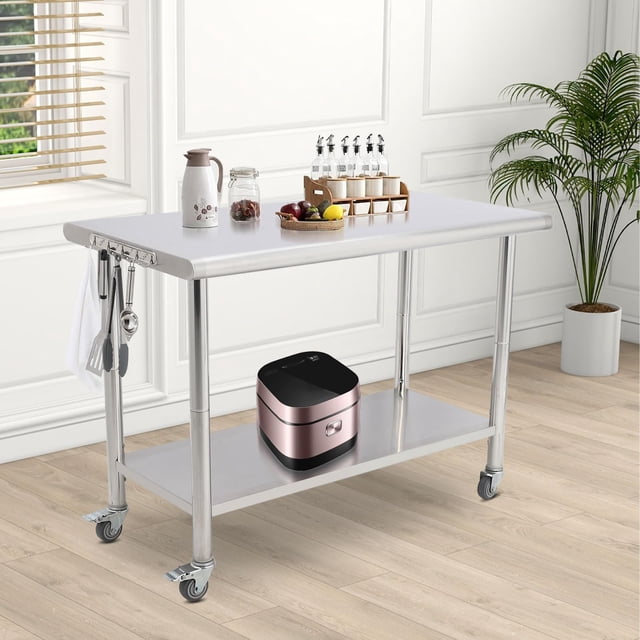 GloryStar Heavy Duty Stainless Steel Prep Table with Backsplash, Kitchen Work Table with Adjustable Under Shelf and Feet for Restaurant, Hotel and Home Use