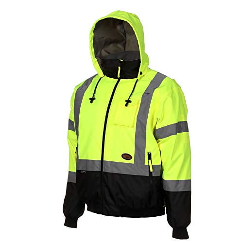 Pioneer High Visibility Safety Bomber Jacket for Rain, Hi Vis, Waterproof, Reflective, ANSI Class 3, Work Rain Gear Security Coat, Detachable Hood for Men, Yellow/Black, V1130460U-XL