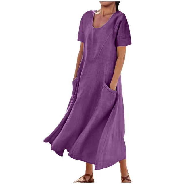 UPPADA Robe d'Été Fluide pour Femme en Coton et Lin à Manches Courtes, Robe Maxi à Col Rond, Robe T-Shirt Décontractée Unie, Robe Bohème de Plage avec Poches, Tenues de Travail pour Femme Bureau Violet, P