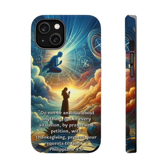 DistinctInk Tough Case for Apple iPhone 14 PLUS (6.7" Screen), Compatible with MagSafe Charging - "Philippians 4:6: Present Your Requests with Gratitude and Prayer"