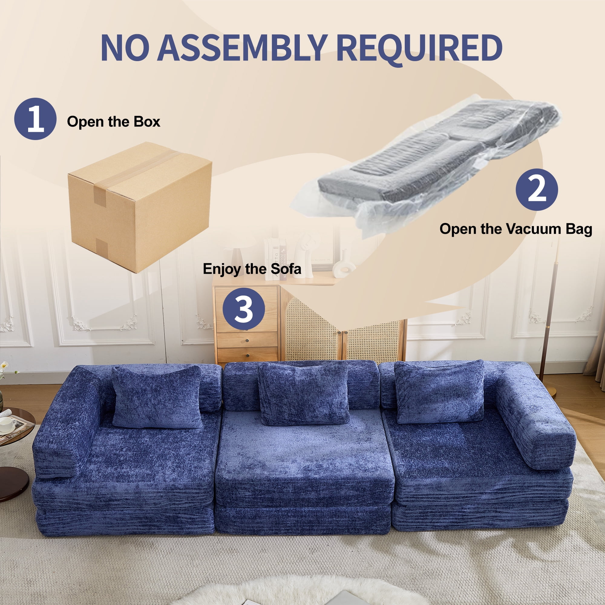 Miniyam Convertible Chenille Sofa Bed Couch, Modular Folding Floor Sleeper with Armrests, Space Saving Design for Living Room, Blue